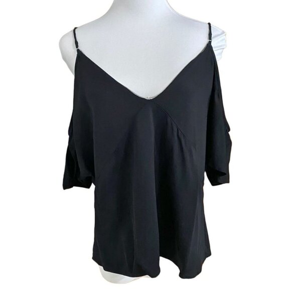 T ALEXANDER WANG BLACK METALLIC CHAIN V-NECK COLD SHOULDER TOP - 6 - Picture 3 of 12